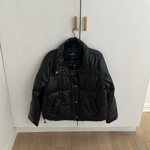 Faux Leather Black Puffer Jacket XL